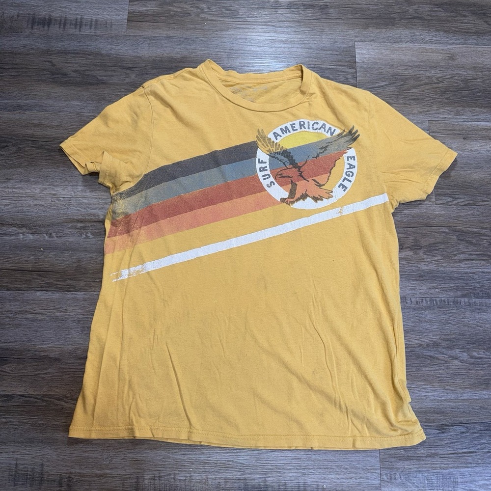 American Eagle Yellow Graphic Crewneck Shirt Mens Large "American Eagle Surf"